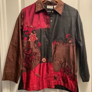 Chico’s Silk Embroidered Shirt Jacket/Red&Bla/Sz 1